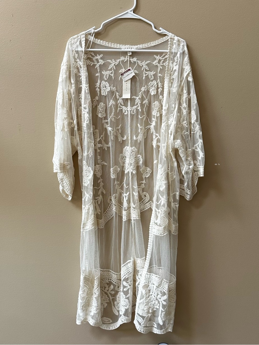 Adiva Sheer Embroidered Lace Kimono/Coverup - Ivory